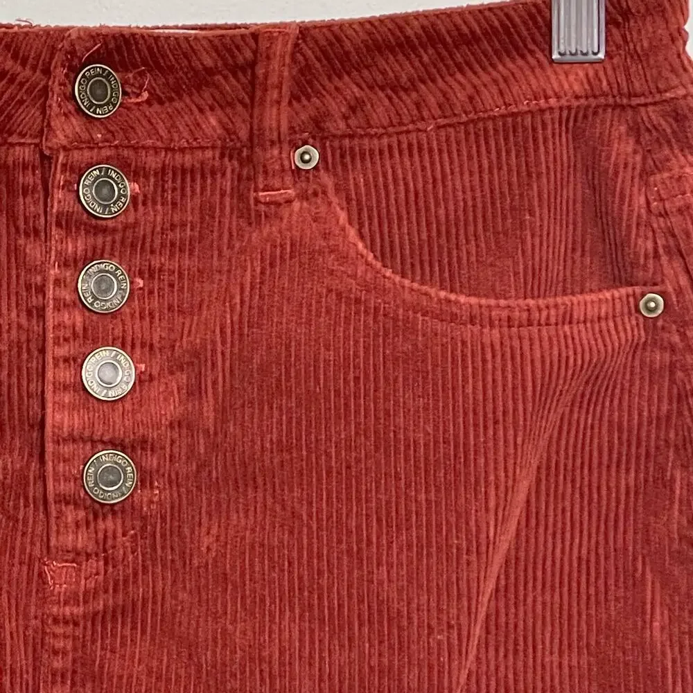 Indigo Rein Corduroy A-Line Mini Skirt Button Front Raw Hem Burnout‎ Orange 3/25
